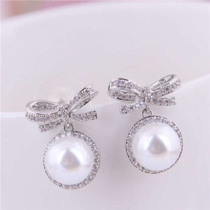 Pearl Fashion Bowknot Design Korean Fashion Women Earrings - Silver