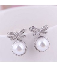 Pearl Fashion Bowknot Design Korean Fashion Women Earrings - Silver
