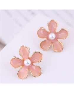 Pearl Centered Oil-spot Glazed Flower Korean Fashion Women Earrings - Rubber Pink