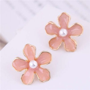 Pearl Centered Oil-spot Glazed Flower Korean Fashion Women Earrings - Rubber Pink