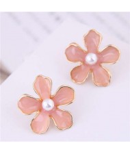 Pearl Centered Oil-spot Glazed Flower Korean Fashion Women Earrings - Rubber Pink