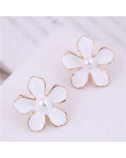 Pearl Centered Oil-spot Glazed Flower Korean Fashion Women Earrings - White