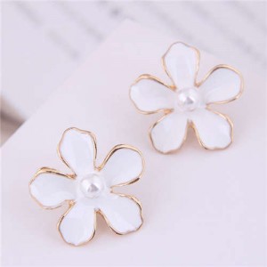Pearl Centered Oil-spot Glazed Flower Korean Fashion Women Earrings - White