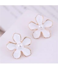 Pearl Centered Oil-spot Glazed Flower Korean Fashion Women Earrings - White