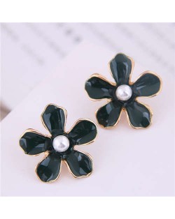 Pearl Centered Oil-spot Glazed Flower Korean Fashion Women Earrings - Black