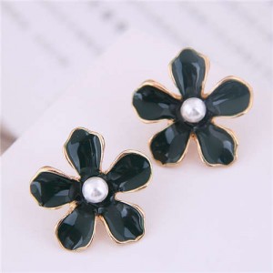 Pearl Centered Oil-spot Glazed Flower Korean Fashion Women Earrings - Black
