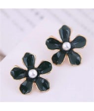 Pearl Centered Oil-spot Glazed Flower Korean Fashion Women Earrings - Black