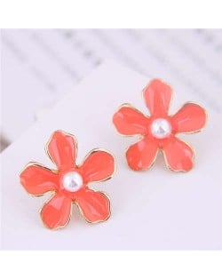 Pearl Centered Oil-spot Glazed Flower Korean Fashion Women Earrings - Orange Red