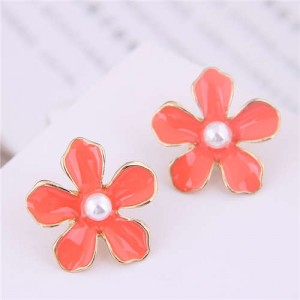 Pearl Centered Oil-spot Glazed Flower Korean Fashion Women Earrings - Orange Red