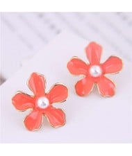 Pearl Centered Oil-spot Glazed Flower Korean Fashion Women Earrings - Orange Red