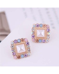Multiple Colors Rhinestone Embellished Square Shape Korean Fashion Earrings