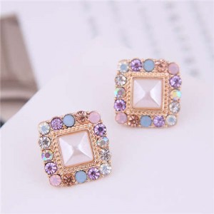 Multiple Colors Rhinestone Embellished Square Shape Korean Fashion Earrings