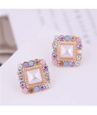 Multiple Colors Rhinestone Embellished Square Shape Korean Fashion Earrings