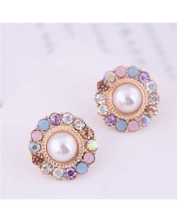 Multiple Colors Rhinestone Embellished Round Design Korean Fashion Earrings