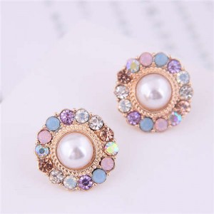 Multiple Colors Rhinestone Embellished Round Design Korean Fashion Earrings