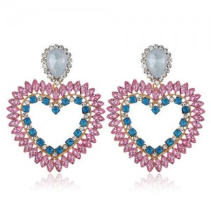 Rhinestone Hollow Heart Bold Fashion Women Earrings - Pink