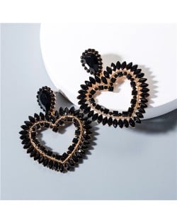 Rhinestone Hollow Heart Bold Fashion Women Earrings - Black