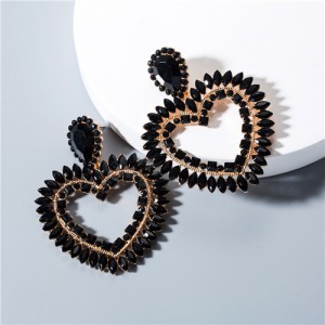 Rhinestone Hollow Heart Bold Fashion Women Earrings - Black