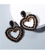 Rhinestone Hollow Heart Bold Fashion Women Earrings - Black