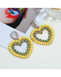 Rhinestone Hollow Heart Bold Fashion Women Earrings - Yellow