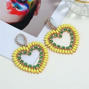 Rhinestone Hollow Heart Bold Fashion Women Earrings - Yellow