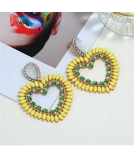 Rhinestone Hollow Heart Bold Fashion Women Earrings - Yellow