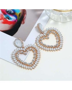 Rhinestone Hollow Heart Bold Fashion Women Earrings - White