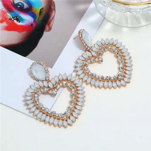Rhinestone Hollow Heart Bold Fashion Women Earrings - White