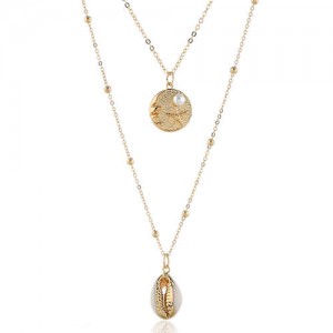 Seashell and Starfish Pendants High Fashion Dual Layers Women Fashion Necklace 