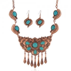 Artificial Turquoise Embellished Bohemian Fashion Women Bib Necklace and Earrings Set - Vintage Red Copper