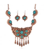 Artificial Turquoise Embellished Bohemian Fashion Women Bib Necklace and Earrings Set - Vintage Red Copper