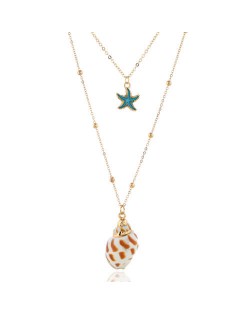 Starfish and Conch Pendants Dual Layers Women Fashion Necklace