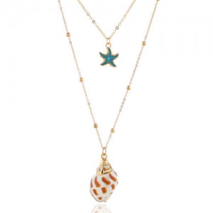 Starfish and Conch Pendants Dual Layers Women Fashion Necklace