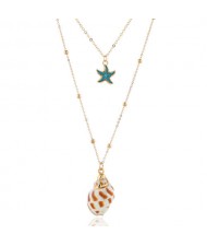 Starfish and Conch Pendants Dual Layers Women Fashion Necklace