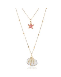Seashell and Pink Starfish Pendants Dual Layers Women Costume Necklace
