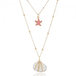 Seashell and Pink Starfish Pendants Dual Layers Women Costume Necklace