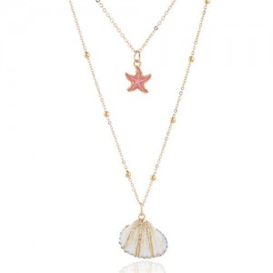 Seashell and Pink Starfish Pendants Dual Layers Women Costume Necklace