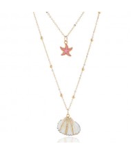 Seashell and Pink Starfish Pendants Dual Layers Women Costume Necklace