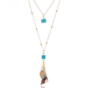 Artificial Square Turquoise and Processed Conch Combo Pendants Dual Layers Women Fashion Statement Necklace
