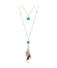 Artificial Square Turquoise and Processed Conch Combo Pendants Dual Layers Women Fashion Statement Necklace