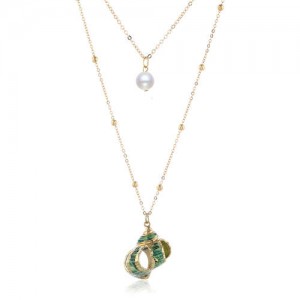 Vintage Green Conch and Pearl Pendants Dual Layers Women Costume Necklace