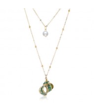 Vintage Green Conch and Pearl Pendants Dual Layers Women Costume Necklace