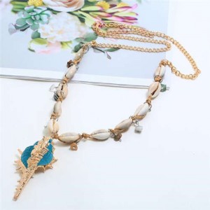 Conch Pendant Seashell Chain Design High Fashion Women Costume Necklace - Blue