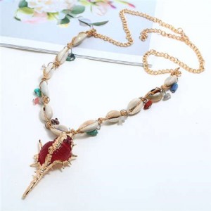 Conch Pendant Seashell Chain Design High Fashion Women Costume Necklace - Red