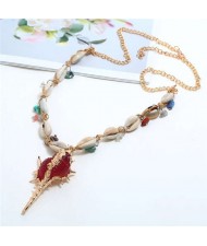 Conch Pendant Seashell Chain Design High Fashion Women Costume Necklace - Red