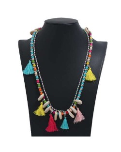 Cotton Threads Tassel and Seashell Decorated Beads Fashion Necklace - Multicolor