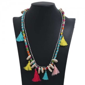 Cotton Threads Tassel and Seashell Decorated Beads Fashion Necklace - Multicolor