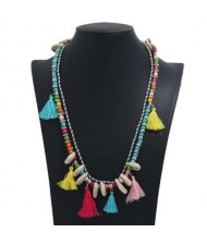 Cotton Threads Tassel and Seashell Decorated Beads Fashion Necklace - Multicolor