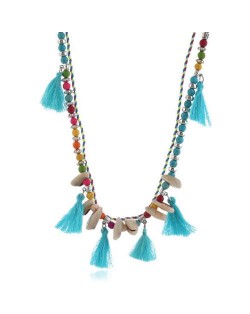 Cotton Threads Tassel and Seashell Decorated Beads Fashion Necklace - Blue