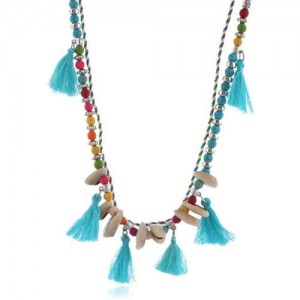 Cotton Threads Tassel and Seashell Decorated Beads Fashion Necklace - Blue